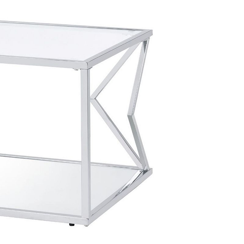 Coffee Table with Glass Top and Bottom Shelf and Geometric Accent， Silver