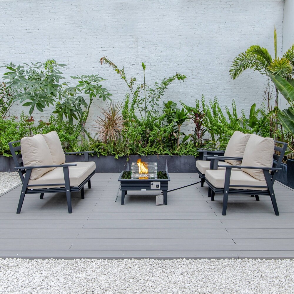 LeisureMod Walbrooke Modern Patio Conversation Set With Fire Pit Table