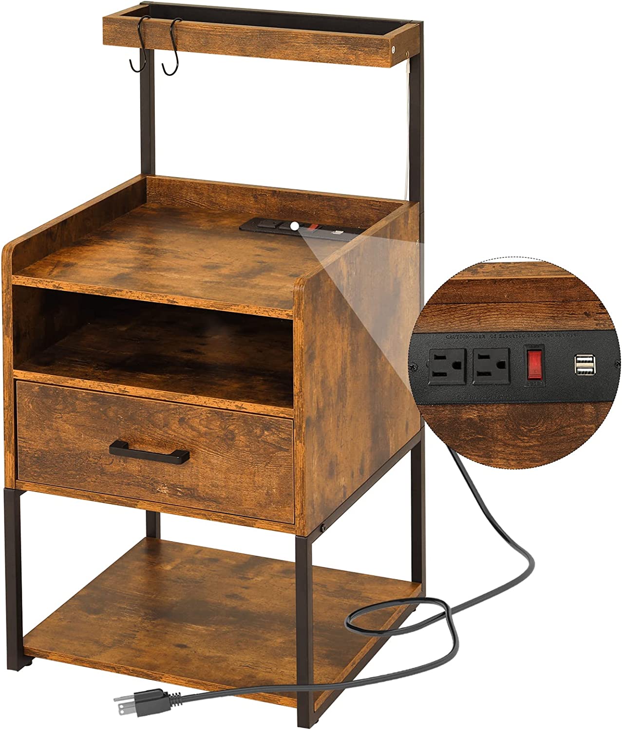 Nightstand Set of 2 with Charging Station and USB Ports, LED Bedside Table, Rustic Brown