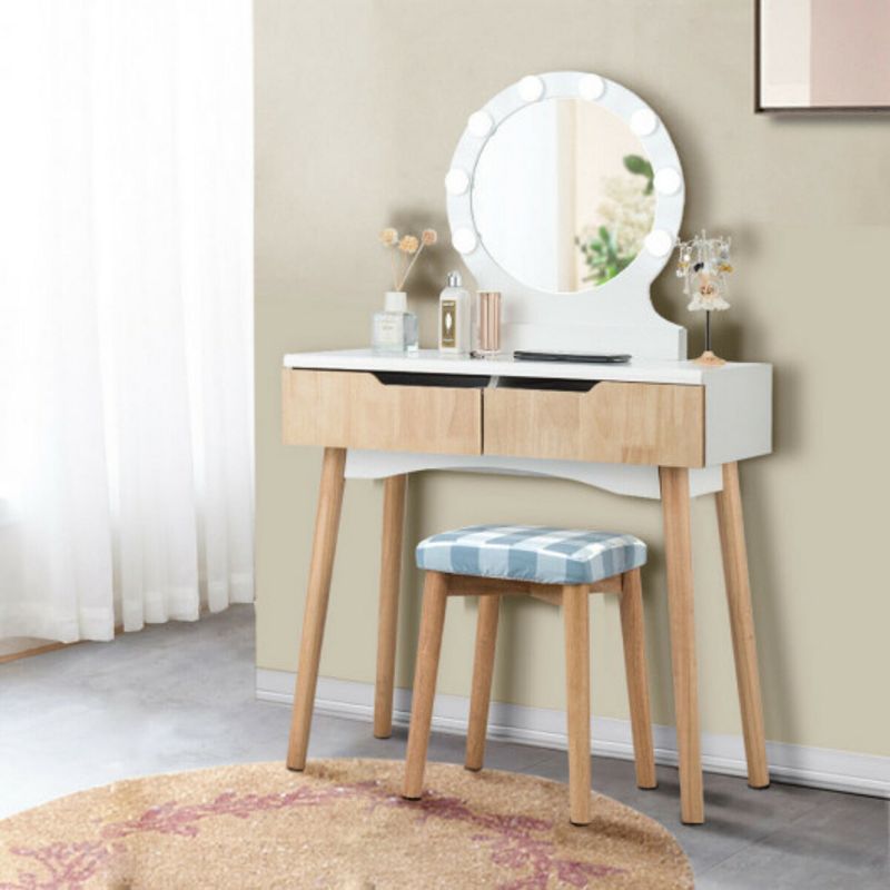 Dressing Table with Large Round Mirror and 8 Light Bulbs for Bedroom