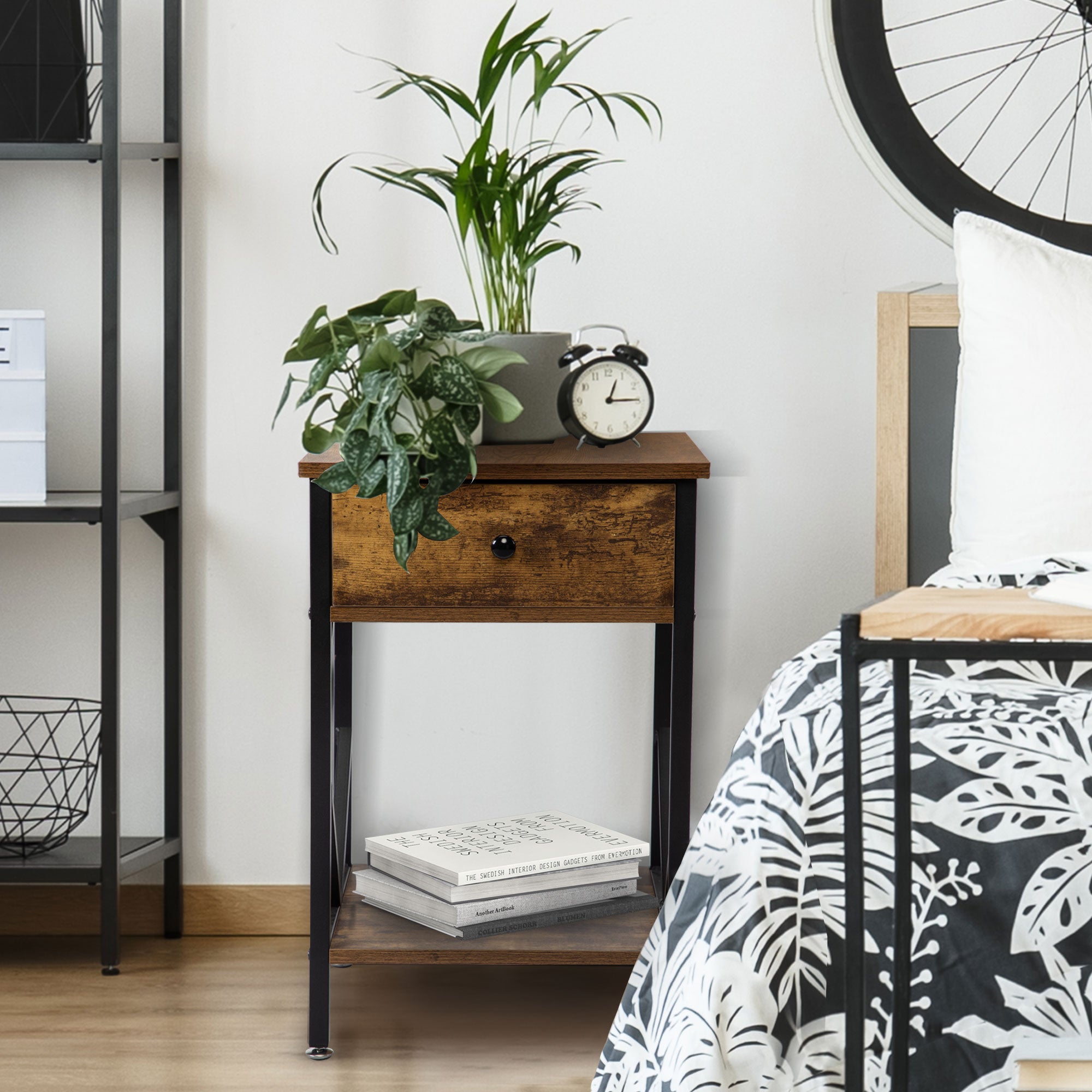 LOAOL Set of 2 Side Table, Wood Industrial Nightstands, Brown