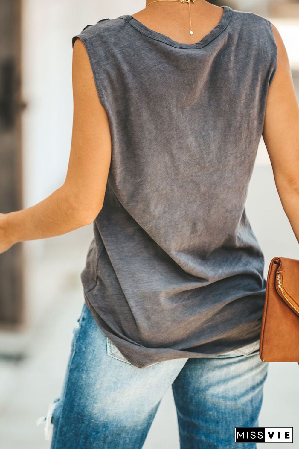 Gray Broken Hole Detail Sleeveless Crew Neck Tank Top