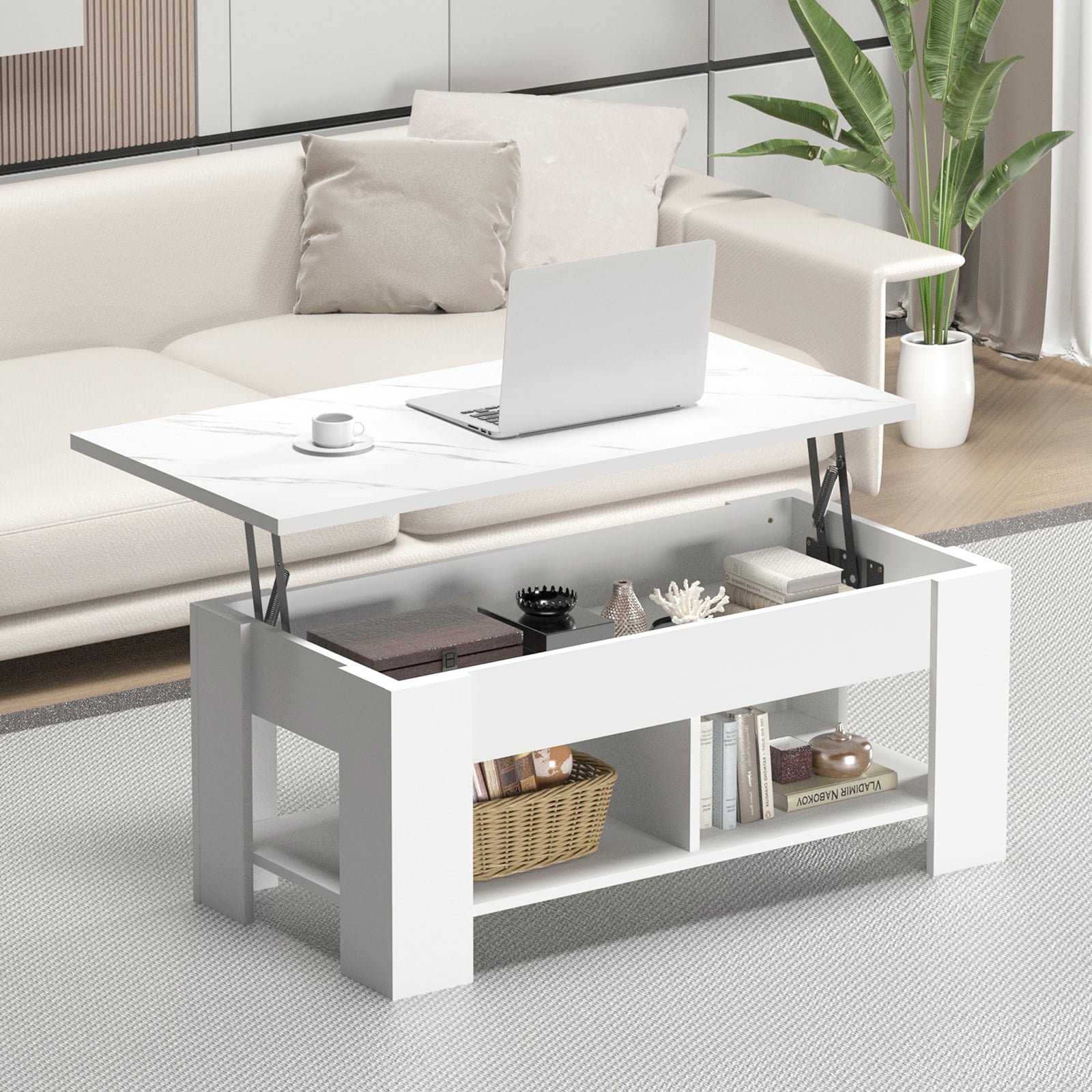 Noblewell Modern Rectangle Coffee Table Lift Top, Marble White