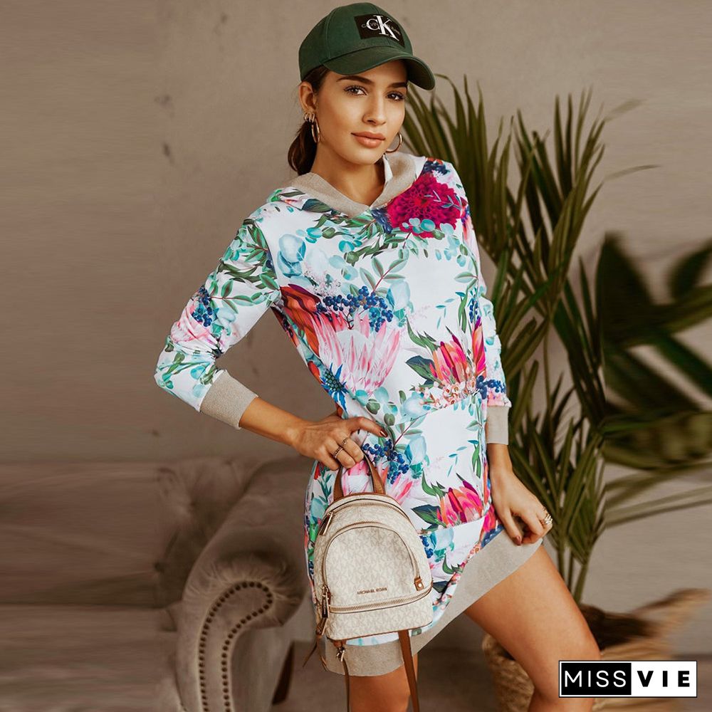 Casual 3/4 Sleeve Floral Hoodie Mini Sweatshirt Dress