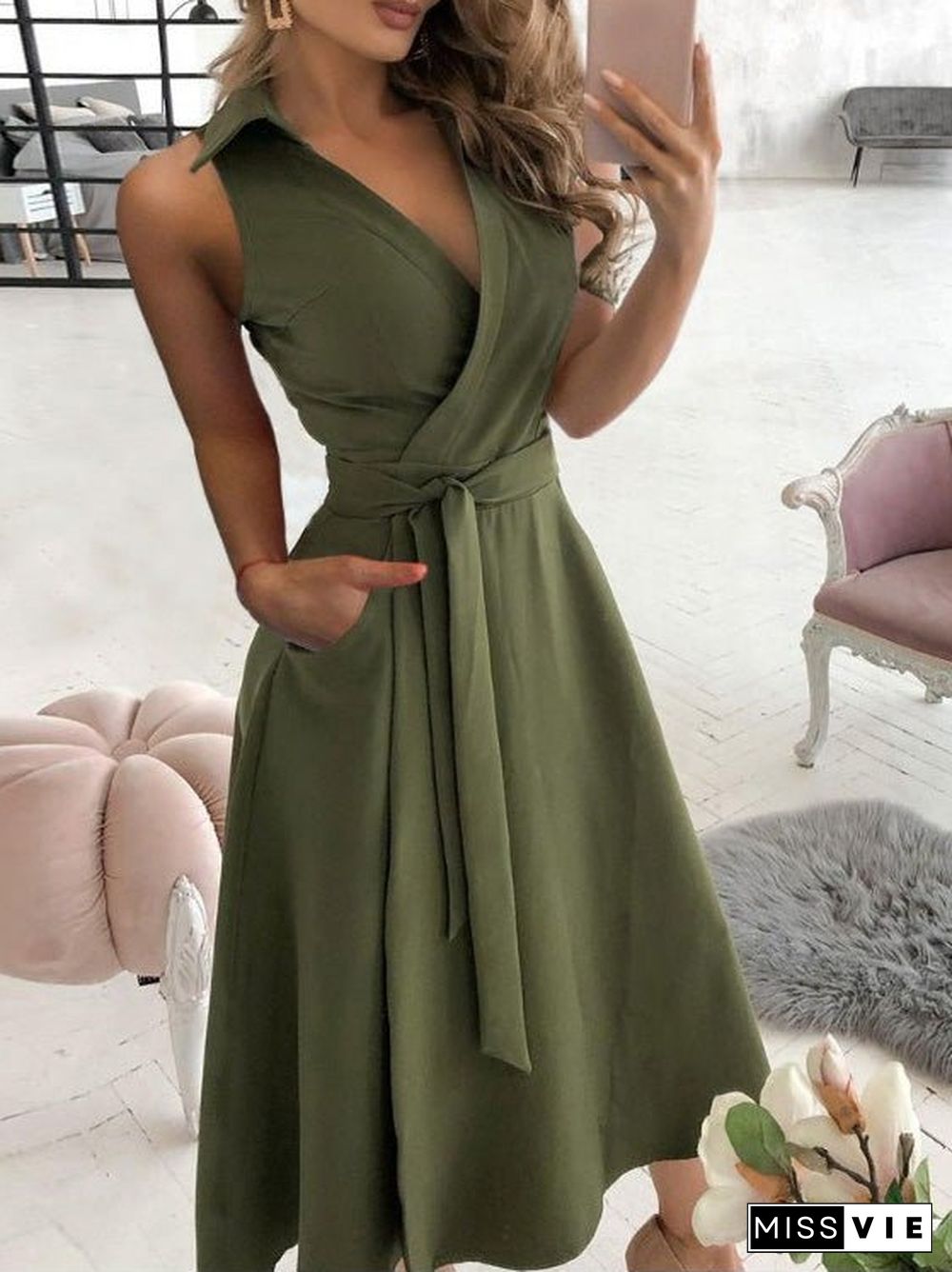 Women'S Dresses Solid V-Neck Belted Sleeveless Dress