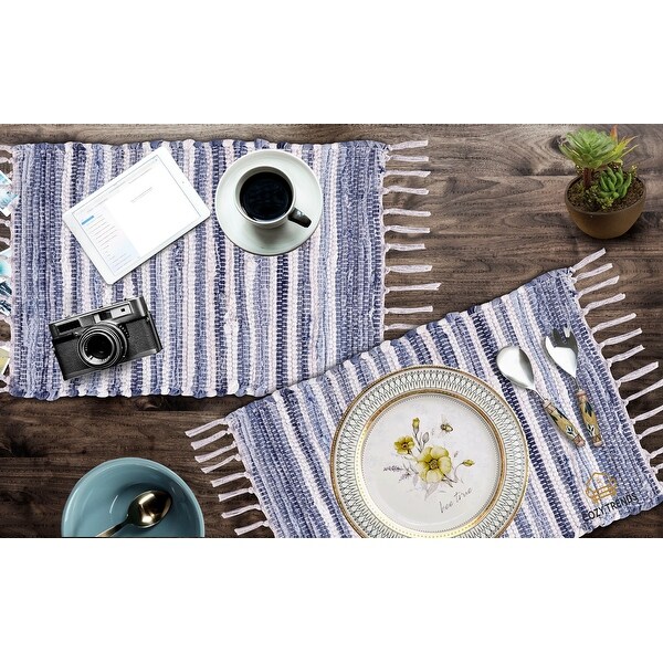 100% Cotton Woven Placemats for Dining Room Rectangle 14''x20'' with Fringes | Set of 6 | Washable