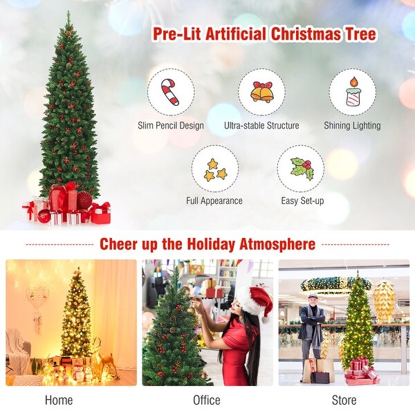 Gymax 6.5Ft PreLit Pencil Christmas Tree Hinged Artificial Slim Tree