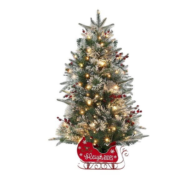 4.5 Ft Prelit Snow Flocked Christmas Tree with Sleigh Ride Base