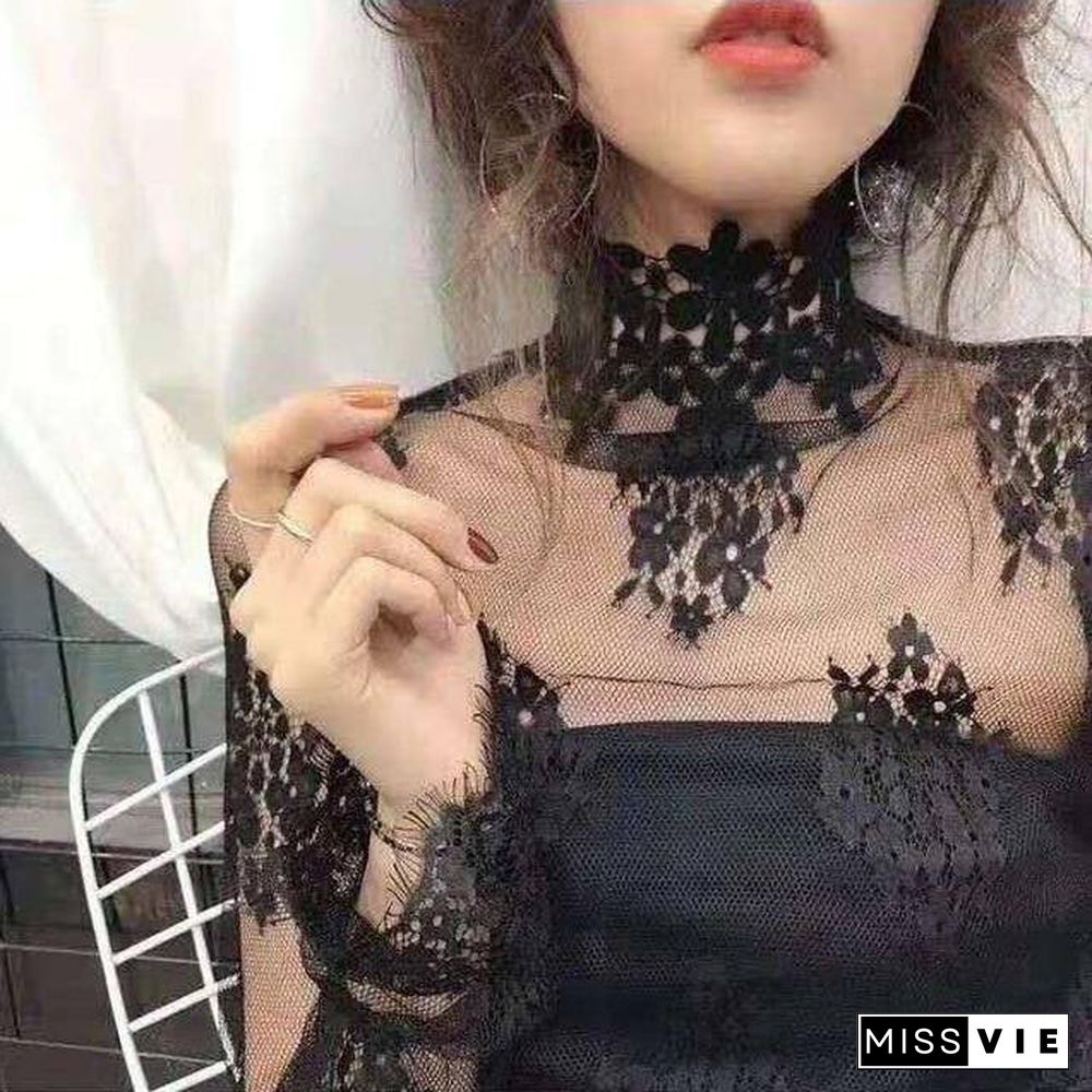 New Transparent Korean Loose Women Lace Blouse 3 Colors Female Bottoming Blouses Plus Size Cheaper Tops