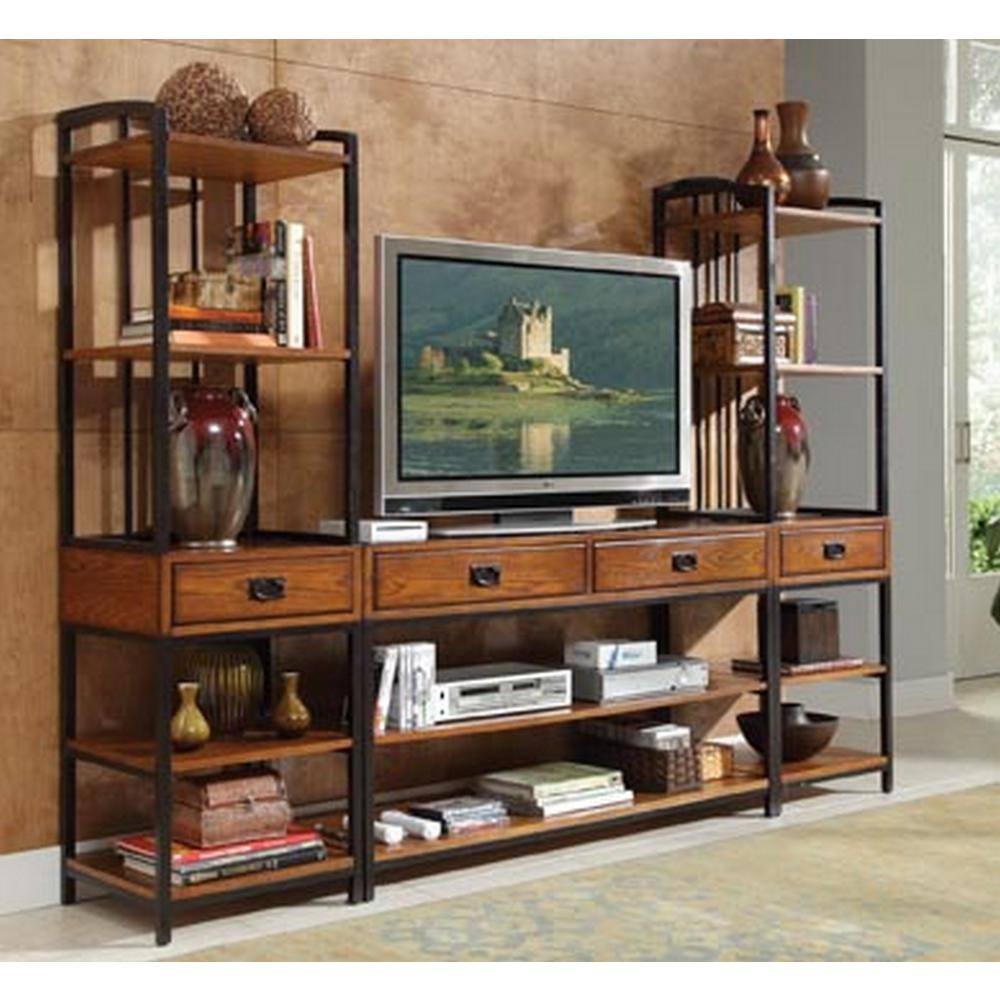 HOMESTYLES Modern Craftsman 94 in. Distressed Oak Entertainment Center with 2-Drawers 5050-34