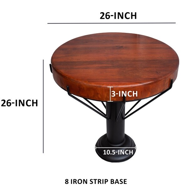 26 Inch Handcrafted Round Side End Table， Thick Mango Wood Top， Black Iron Pedestal Base