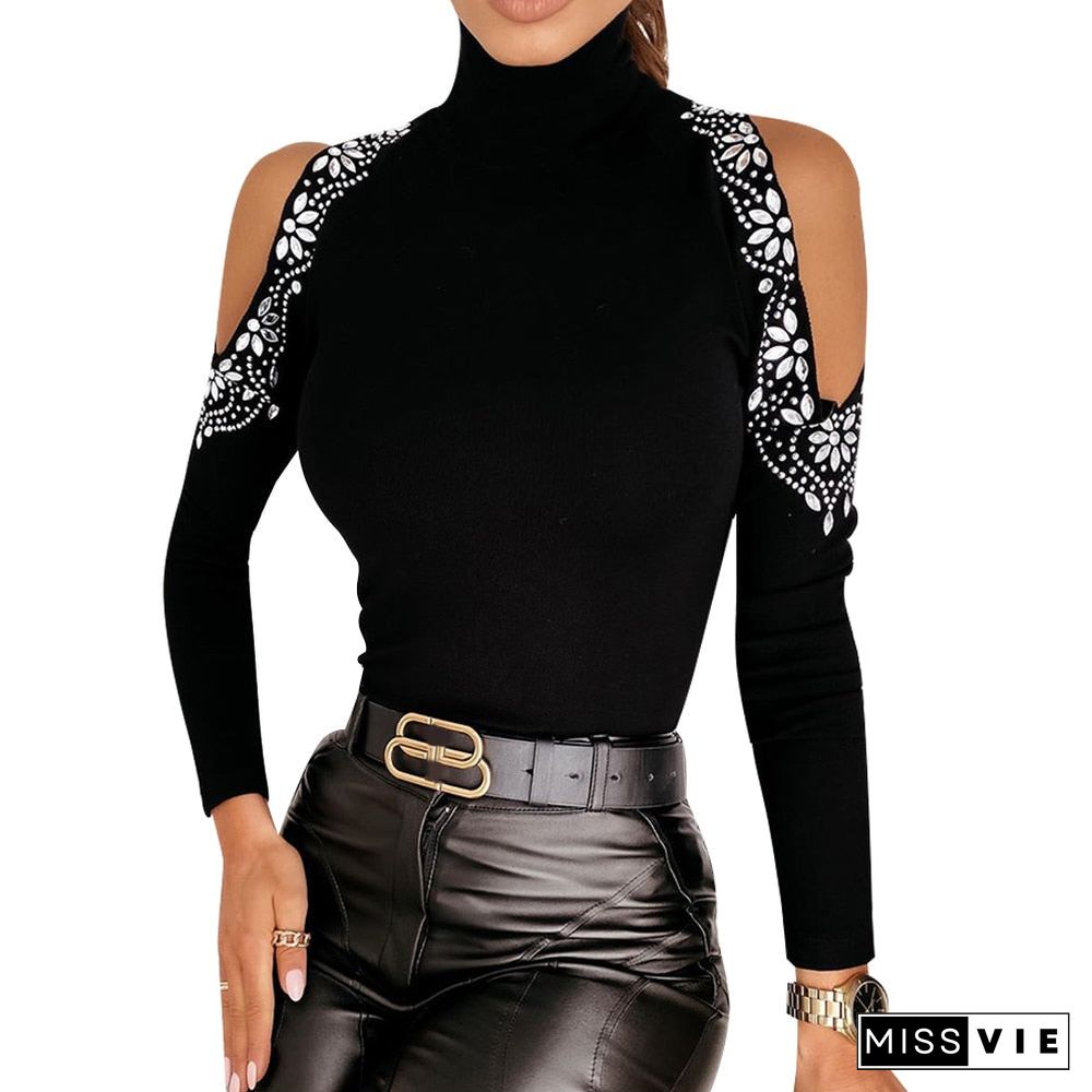 Sale Women Sexy Off Shoulder T-Shirt Spring Turtleneck Tee Femme Solid Shirts Knitted Floral Long Sleeve T Shirts Slim Tops Q30