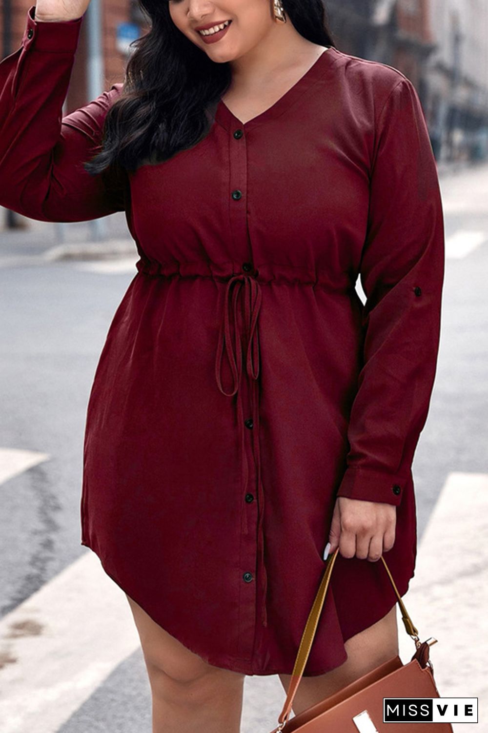 Plus Size Waist Tie Long Sleeve Ruffle Dress