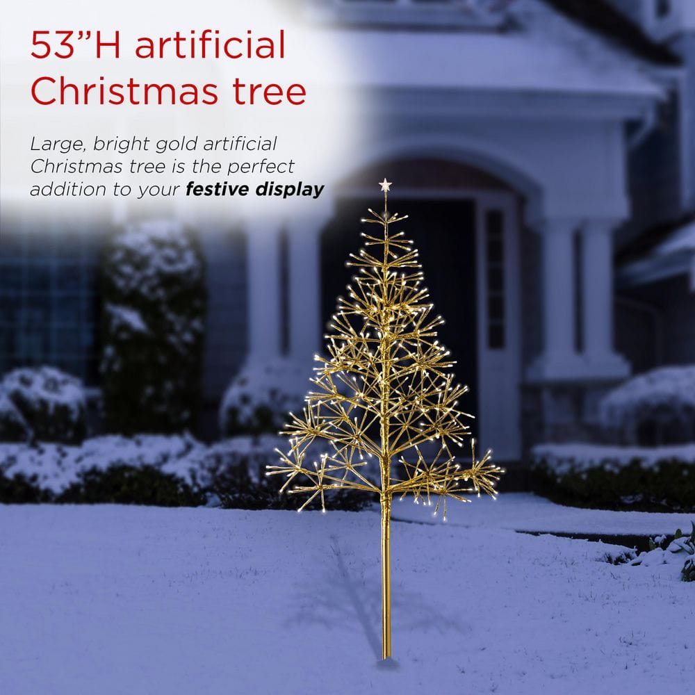 Alpine Corporation 53/61 in. Tall Indoor/Outdoor Artificial Christmas Tree with Warm White LED Lights, Gold CRD111S-GD