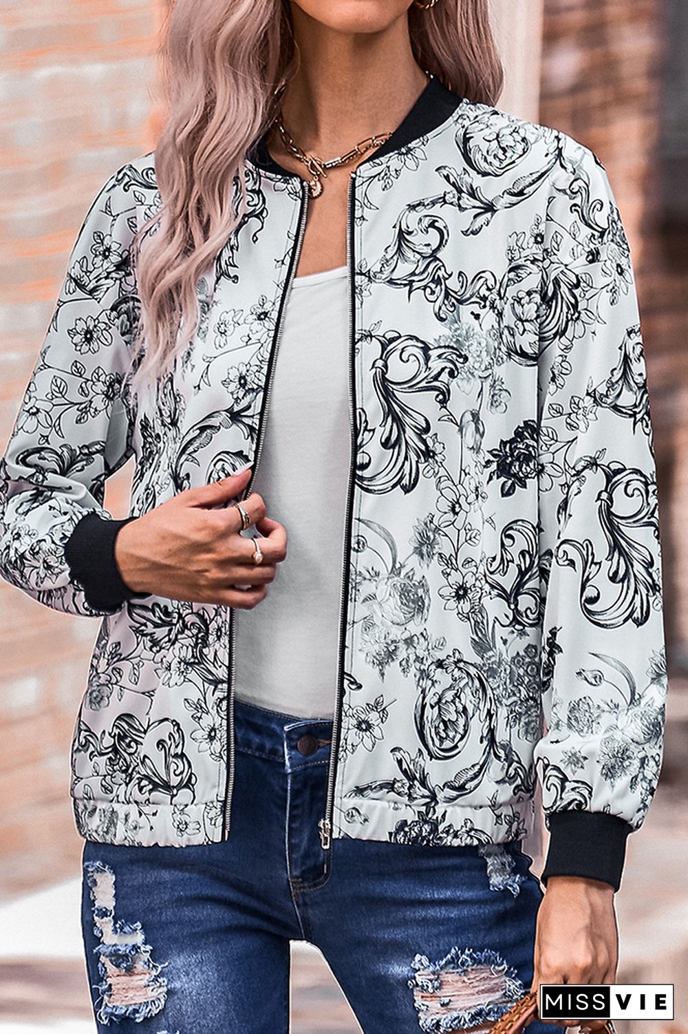 Floral Print Zipper Jacket Coat