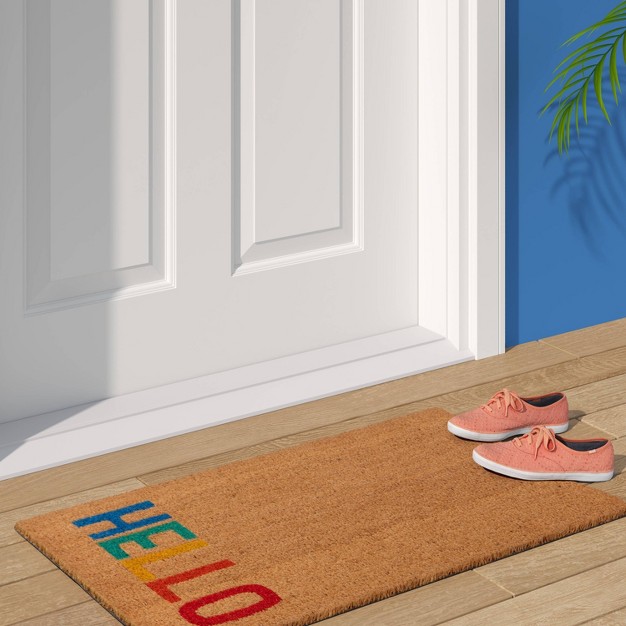 x27 hello x27 Rainbow Coir Doormat Natural