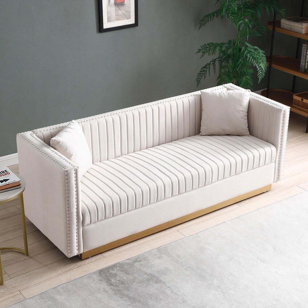 Vertical Tufted Sofa Set Velvet Sectionals Sleeper Loveseat 2pcs Recliner Couch w/ 4 Pillows for Living Room  Beige