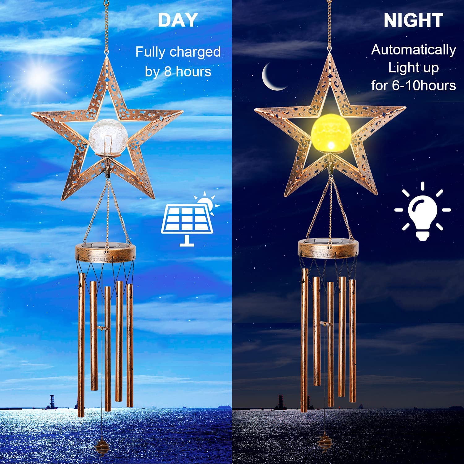 Solar Wind Chimes for Outdoor/Indoor Crackle Glass Ball LED Star Wind Chime， Waterproof Metal Bronze Unique Memorial Sympathy Gift， Hanging Decorative for Garden Home Yard Patio Lawn