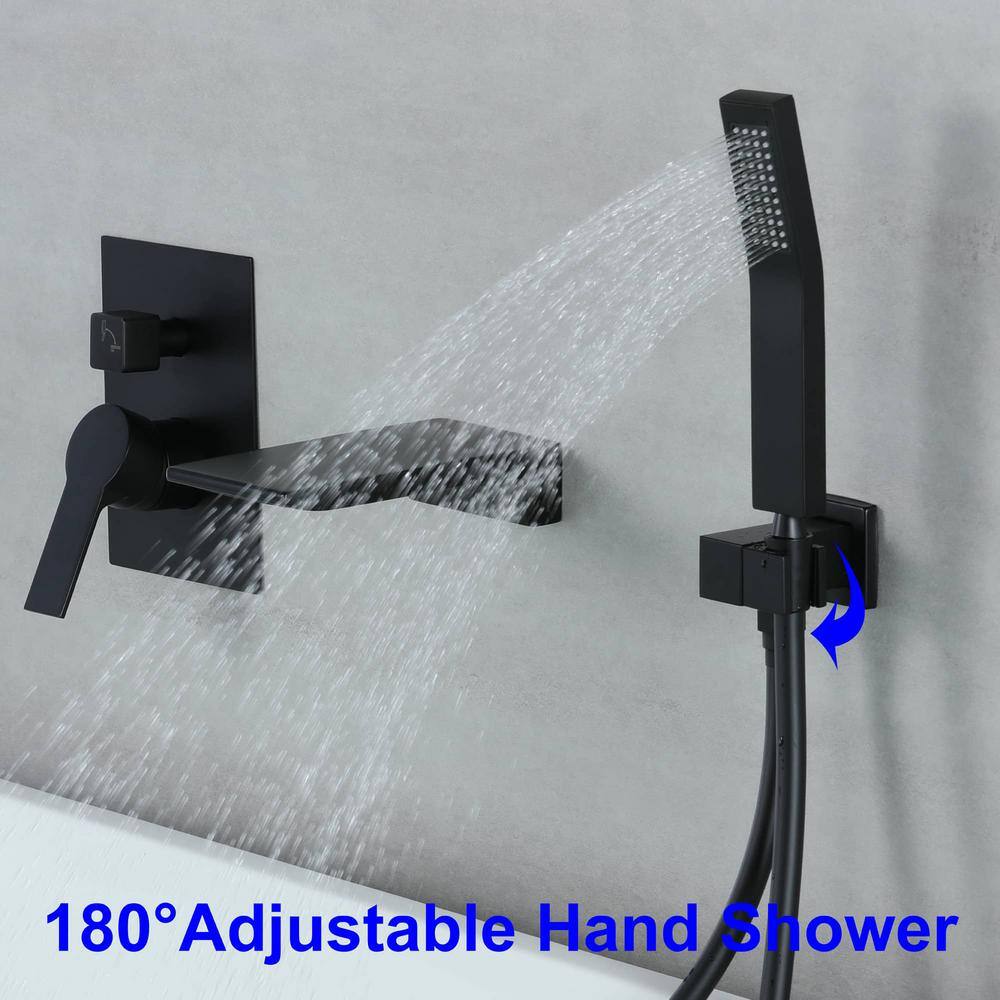 FLG Single-Handle Wall-Mount Roman Tub Faucet with Hand Shower Brass Waterfall Tub Filler in Matte Black SS-0052-MB