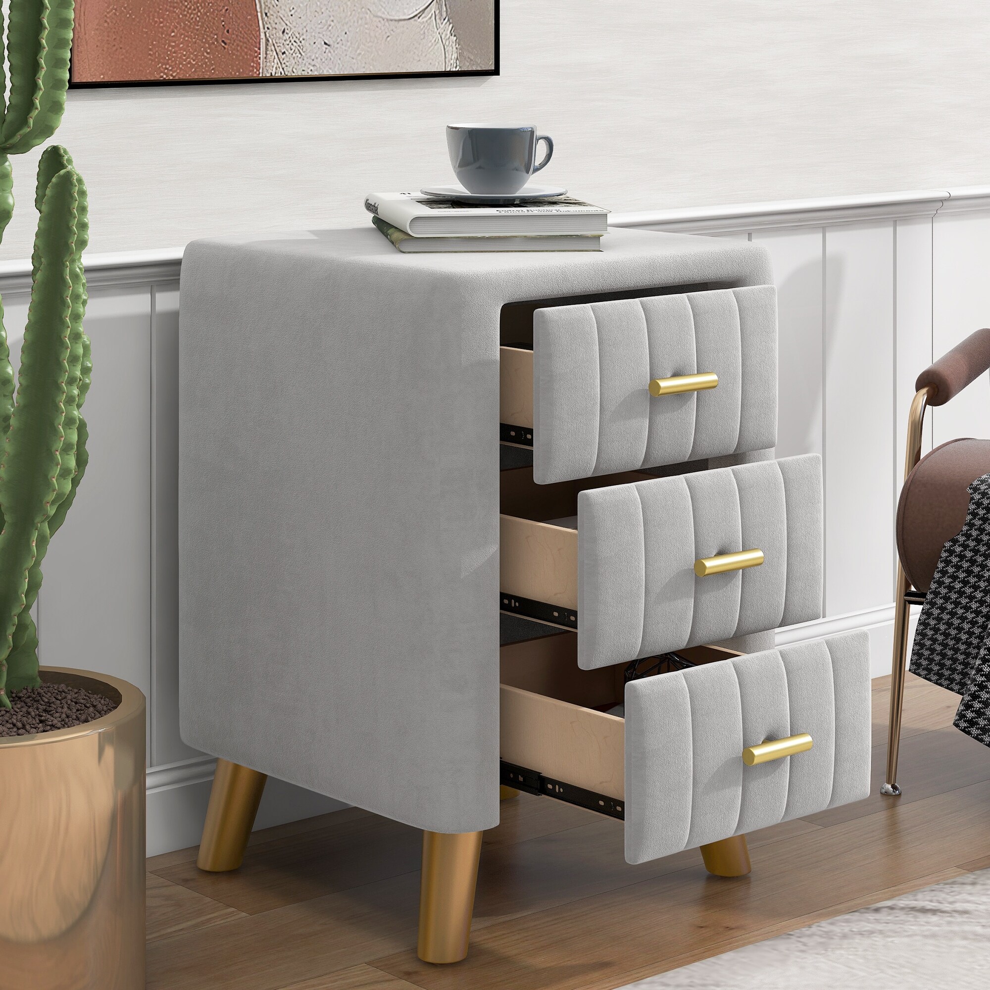 Modern Nightstand with 3 Drawers， Grey Velvet Upholstered Night Stand with Metal Handles， Grey - - 37970263