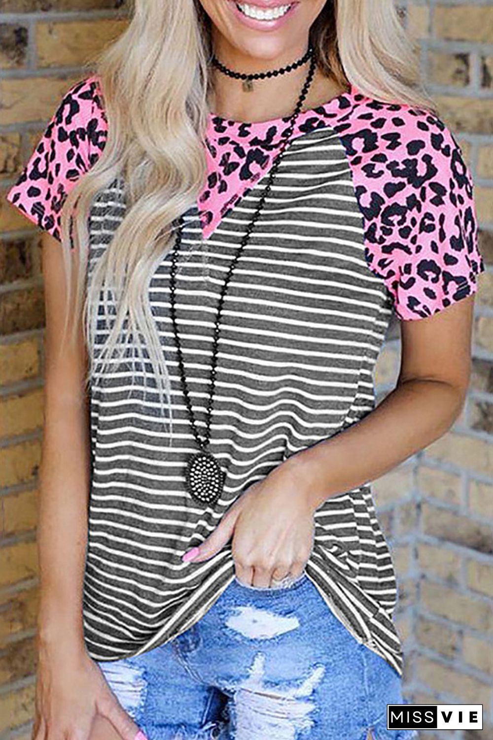 Leopard Stripe Splicing O-neck Tee