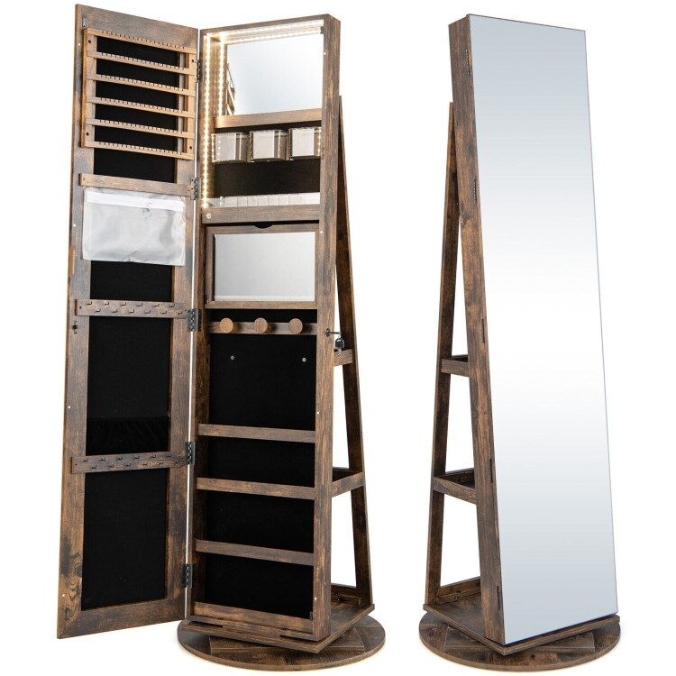 360° Rotating Mirrored Jewelry Cabinet Armoire 3 Color LED Modes Lockable   21.5\