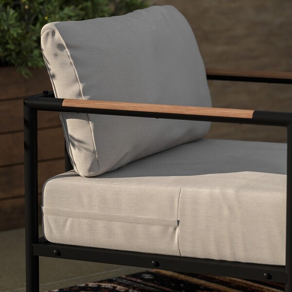 Metal Frame Patio Chair with Teak Arm Accents and Plush Cushions