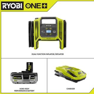 RYOBI ONE+ 18V Cordless Dual Function Portable InflatorDeflator with HIGH PERFORMANCE 4.0 Ah Battery and Charger Kit P747-PSK004