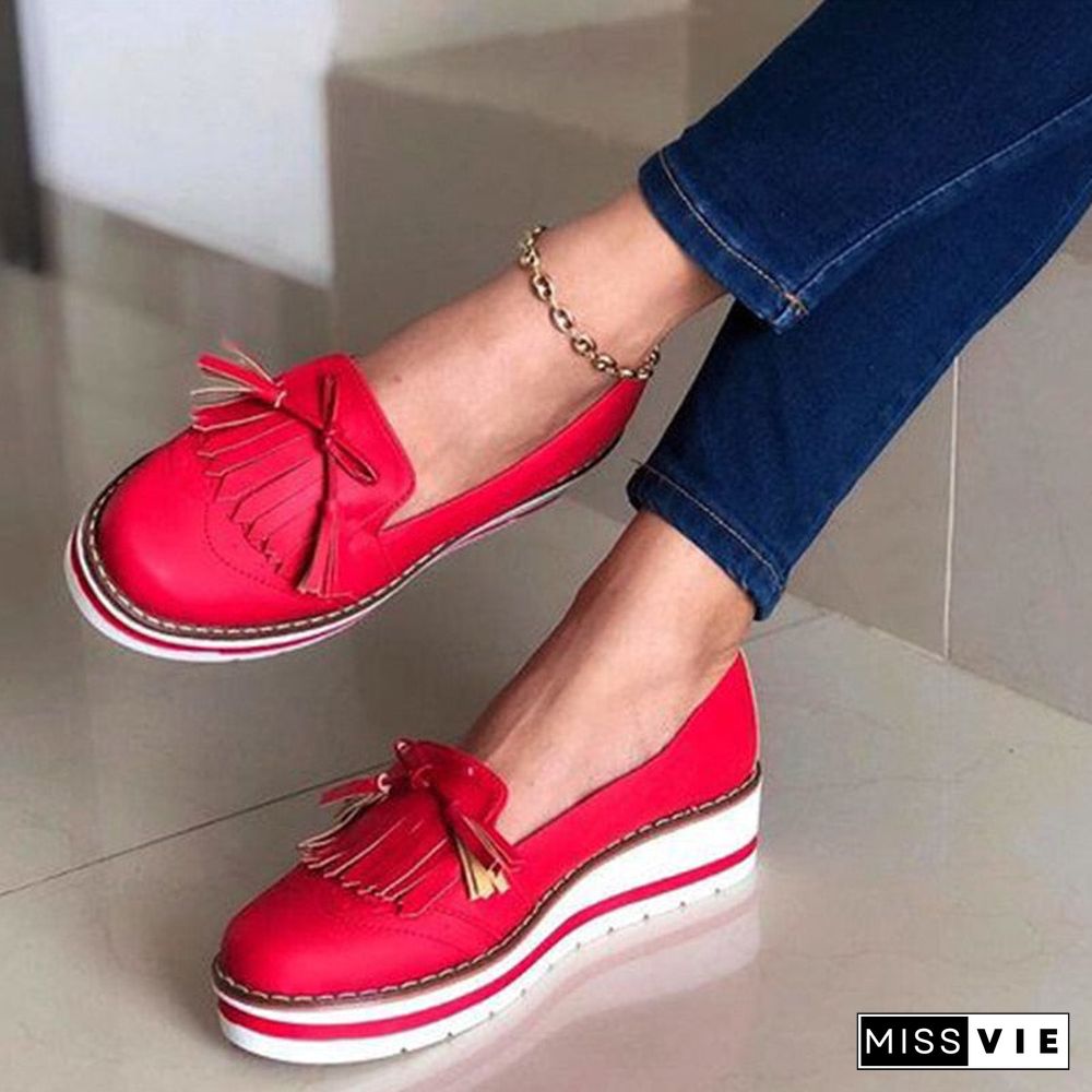 Women Loafers Platform Woman Slip On Sneakers Tassel Bowtie Women'S Soft Pu Leather Sewing Flat Female Shoes All Seasons 927