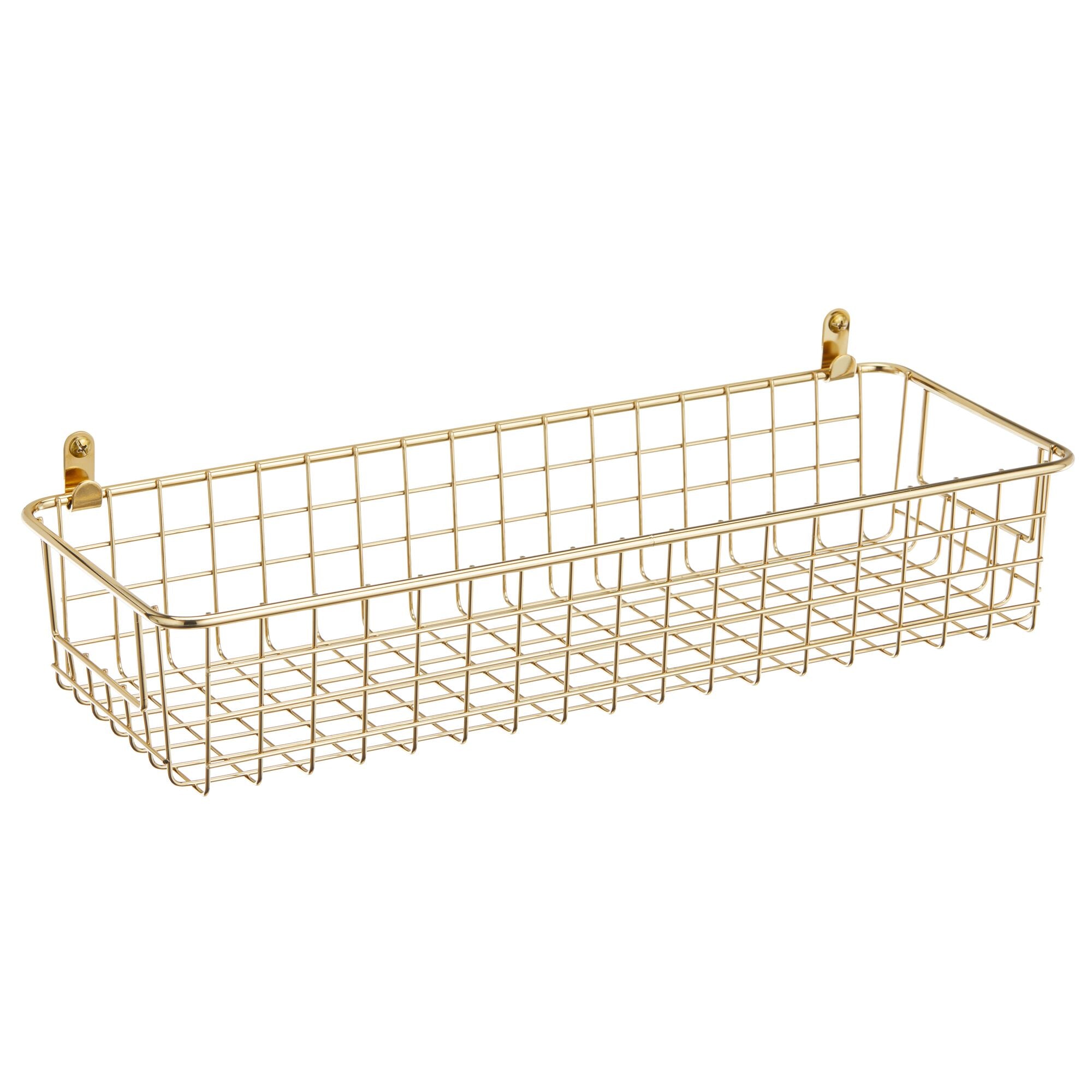 mDesign Wallmount Metal Storage Basket Tray with Handles - Decorative Organizer for Hanging in Entryway, Mudroom, Bedroom, Bathroom, Laundry Room - Small - Hooks Included - Soft Brass