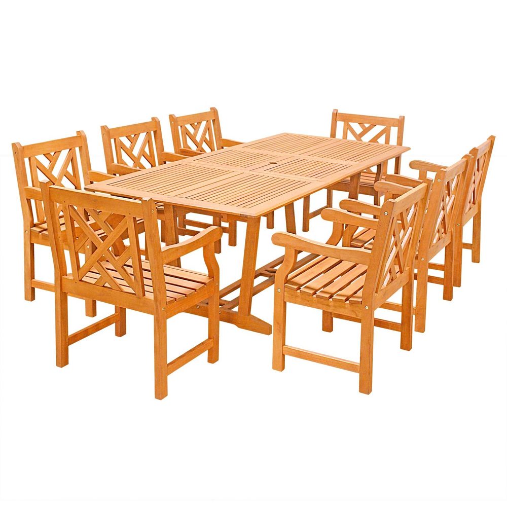 Eco Friendly 9 Piece Wood Outdoor Dining Set with Rectangular Extension Table and Decorative Back Ar