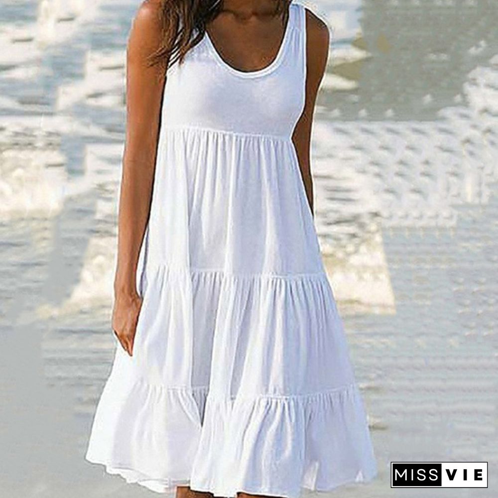 Ladies Summer Cool Sleeveless Round Neck Stitching Big Swing Beach Dress Long Skirt Simple And Fashionable