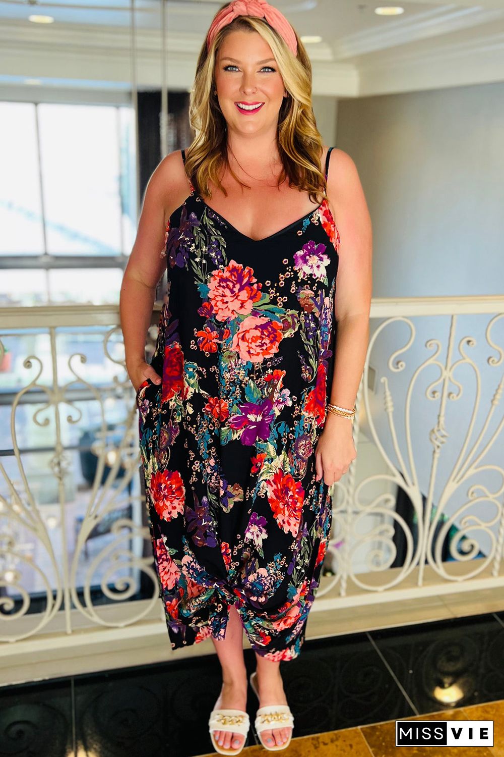 Black Plus Size Floral Print Thin Straps Maxi Dress