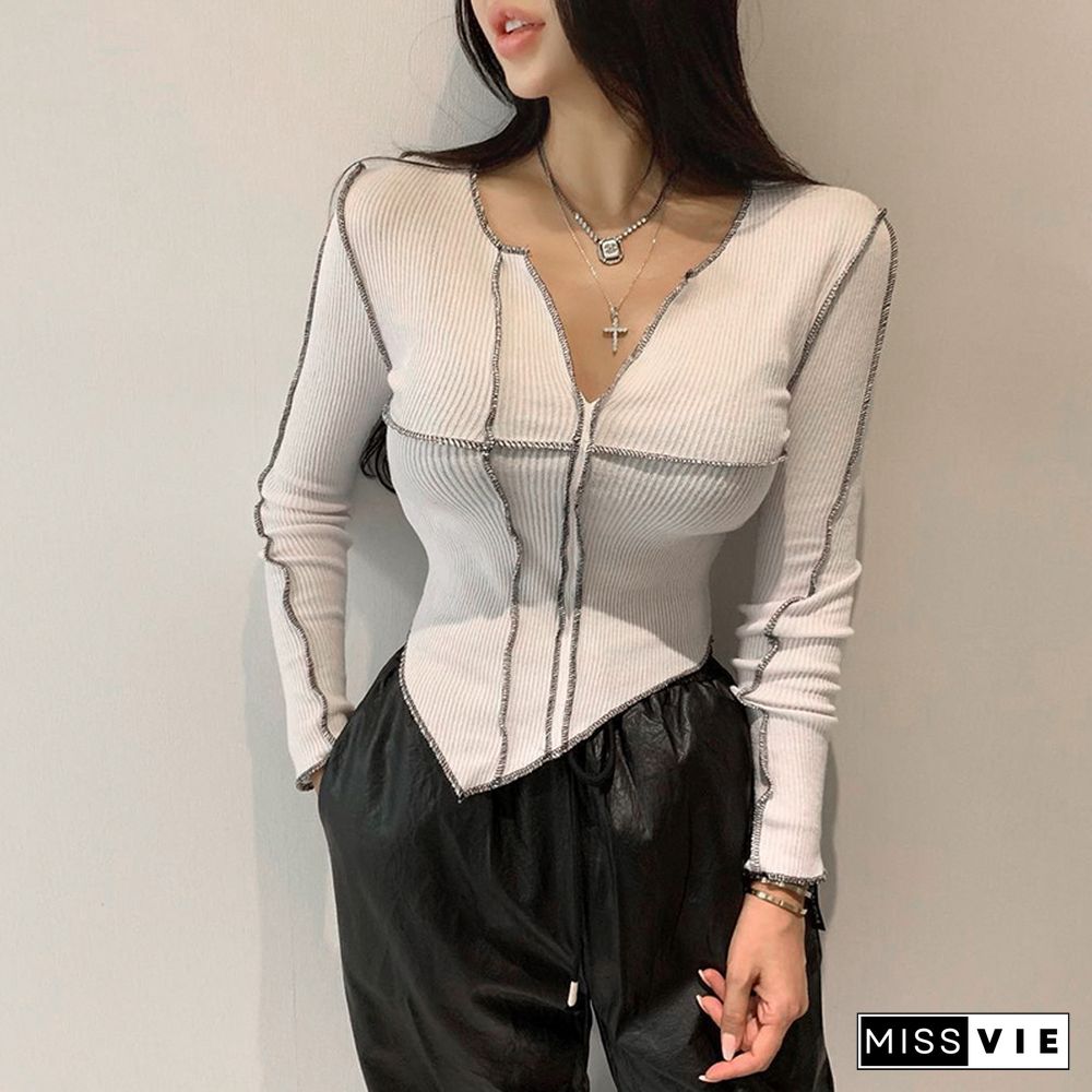 Creative Surface Thread Splicing Crop Tops Long Sleeve Cut V-Neck Slim Wild Chic Casual Irregular Hem T-shirt Slim Base Shirt