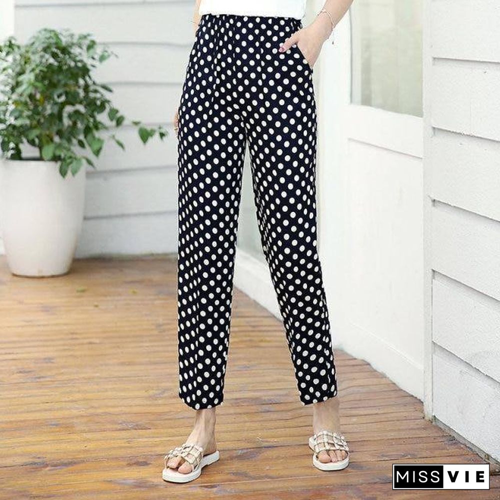 22 Colors Women Summer Casual Pencil Pants XL-5XL Plus Size High Waist Pants Printed Elastic Waist Middle Aged Women Pants