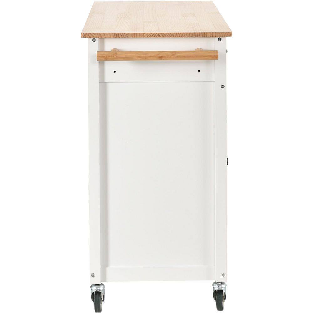 Runesay White Kitchen Island Cart with Solid Wood Top and Locking Wheels with 4 Door Cabinet and Two Drawers Spice Towel Rack EC-KIW-957