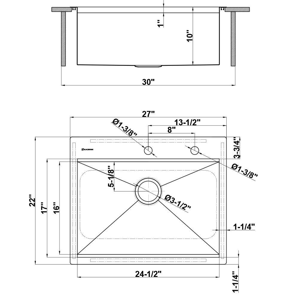 Glacier Bay All-in-One Zero Radius Drop-in 18G Stainless Steel 27 in. 2-Hole Single Bowl Workstation Kitchen Sink Pull-Down Faucet 4307F-1