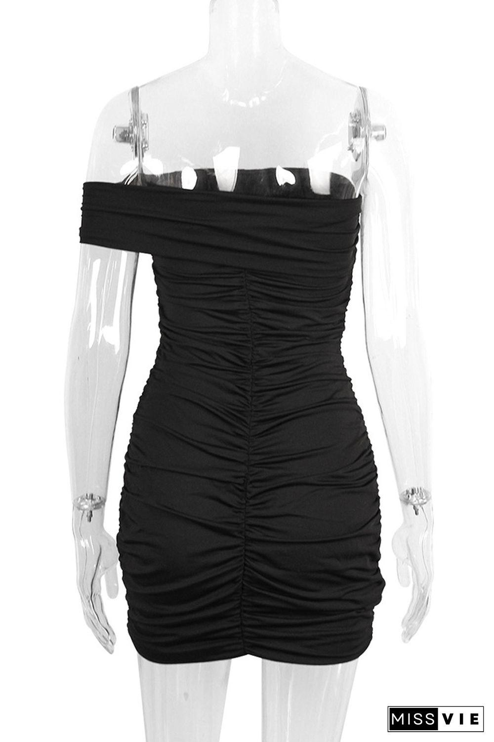 Black Off Shoulder Ruched Bodycon Dress