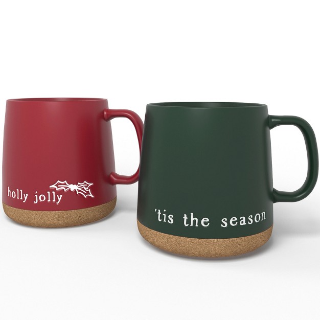 American Atelier Christmas Coffee Mug Set With Cork Bottoms Fine Stoneware Set Of 2 In Red amp Green 15 Oz