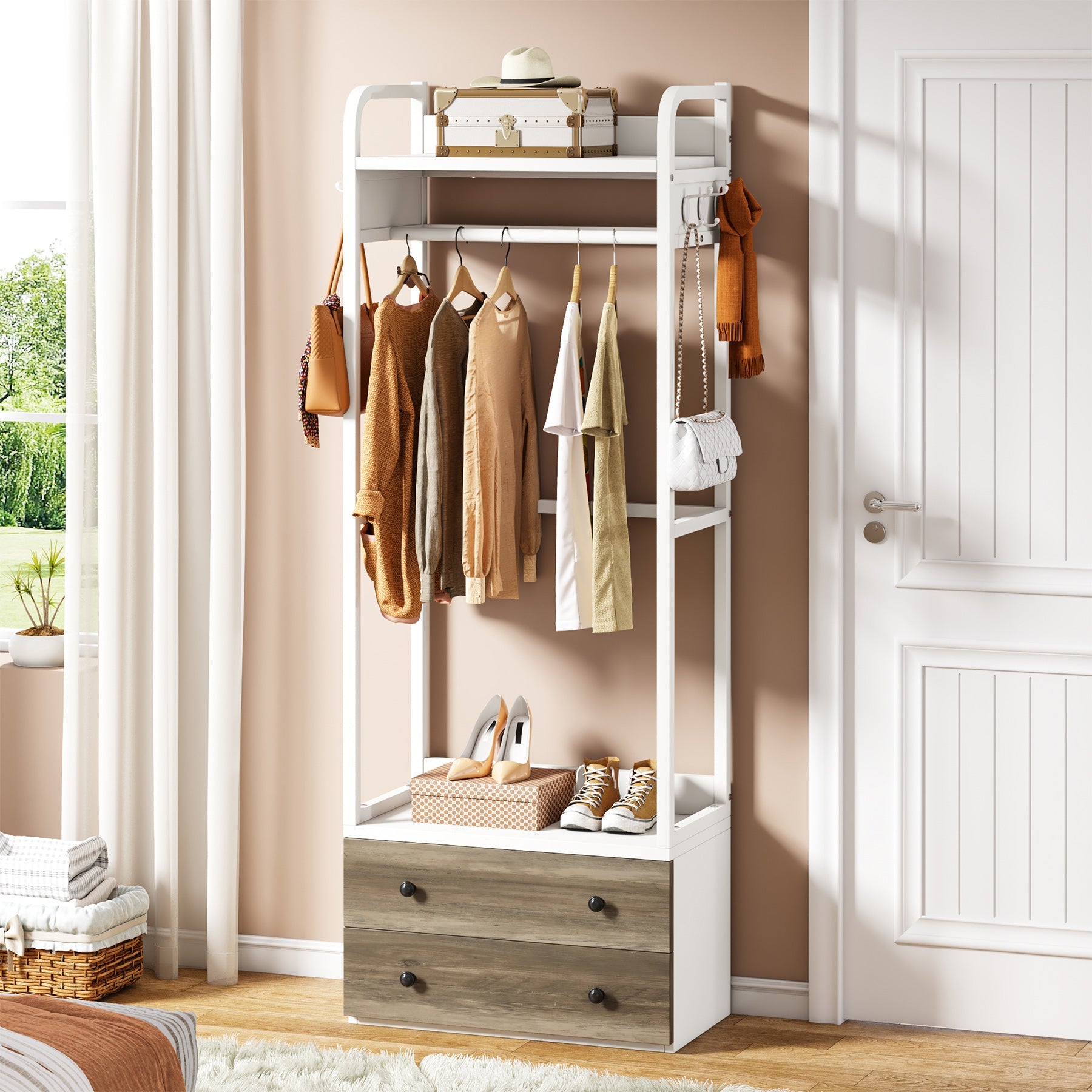 Freestanding Closet Organizer, Coat Rack with Drawers and Shelves