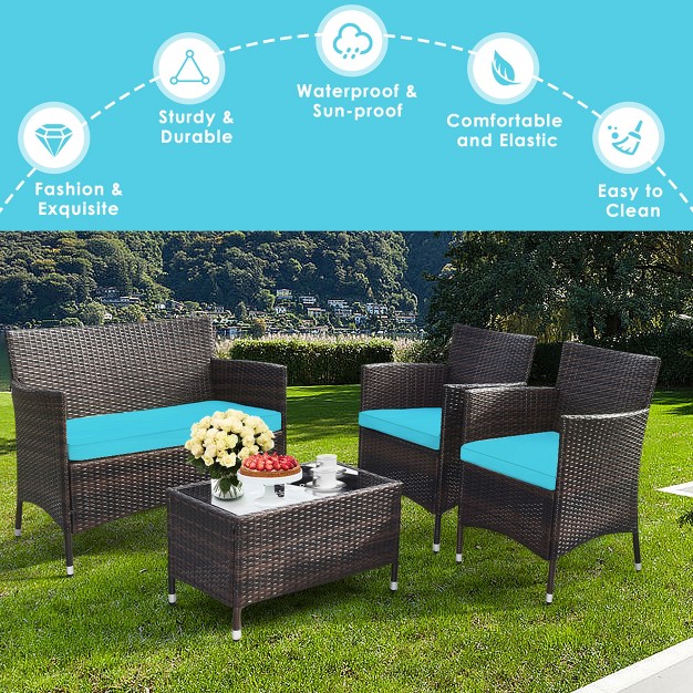 Tangkula 8 Pieces Patio Rattan Conversation Furniture Set Outdoor W Brown amp Turquoise Cushion