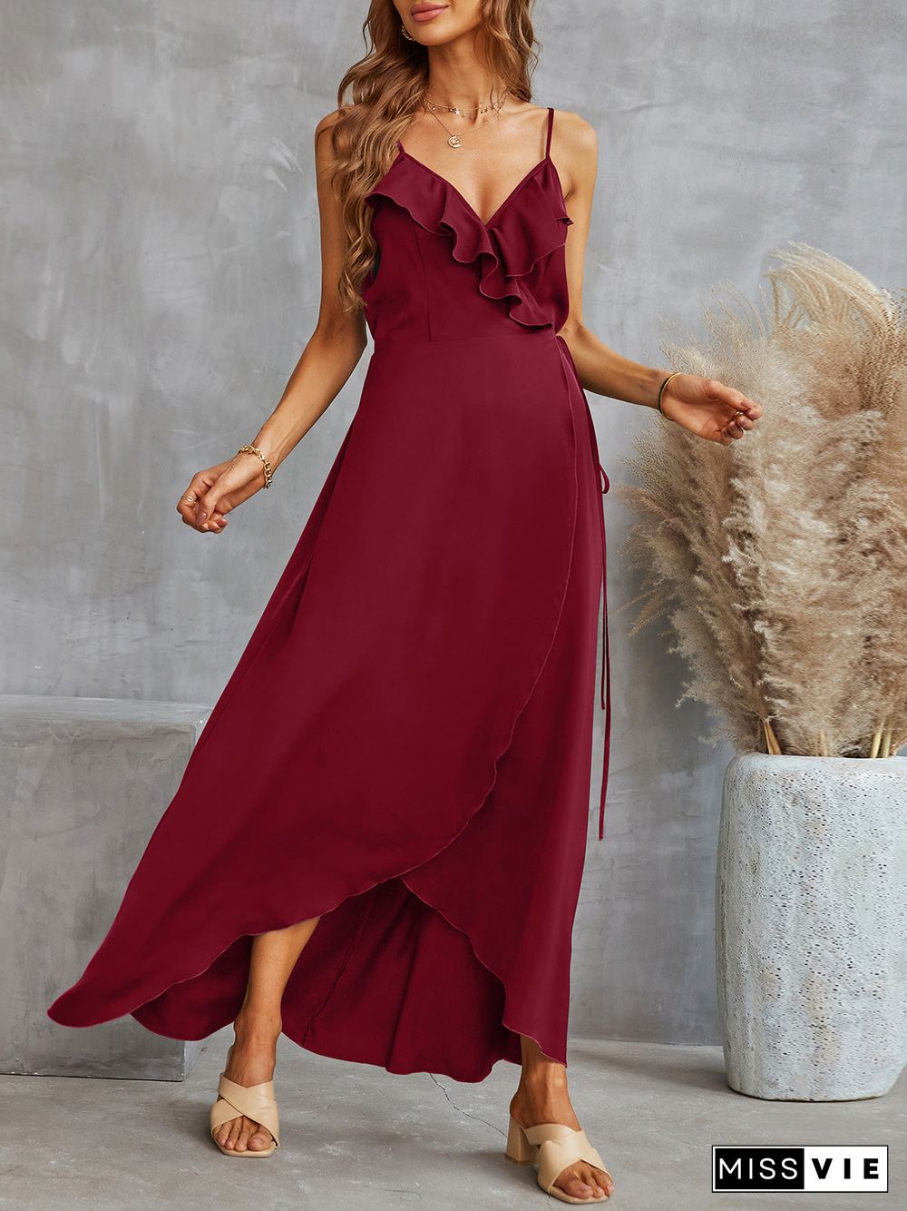 Women'S Dresses Solid Sling Irregular Ruffle Slit Dress