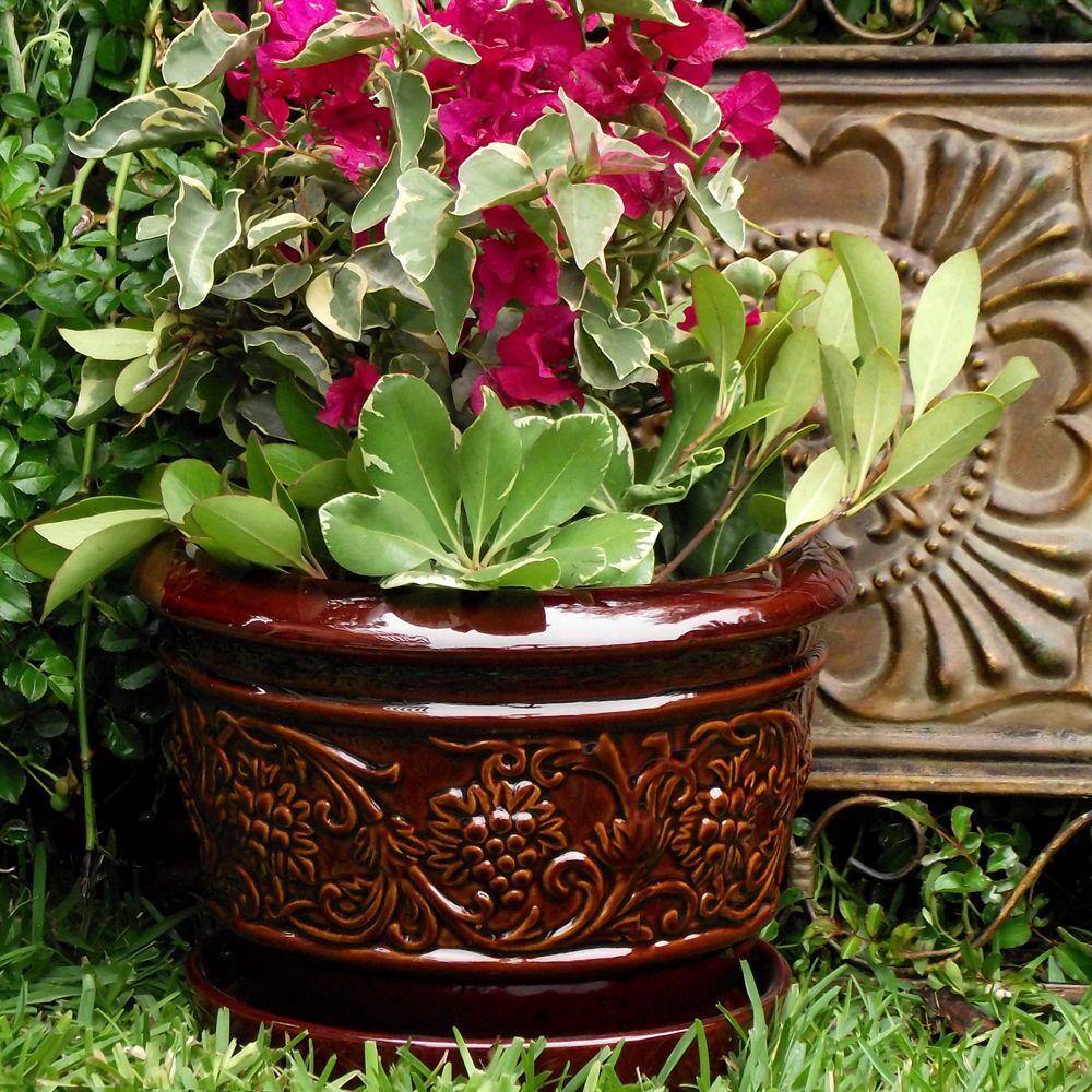 Trendspot 8 in. Dia Brown Rustic Damask Ceramic Planter LJ01008-8