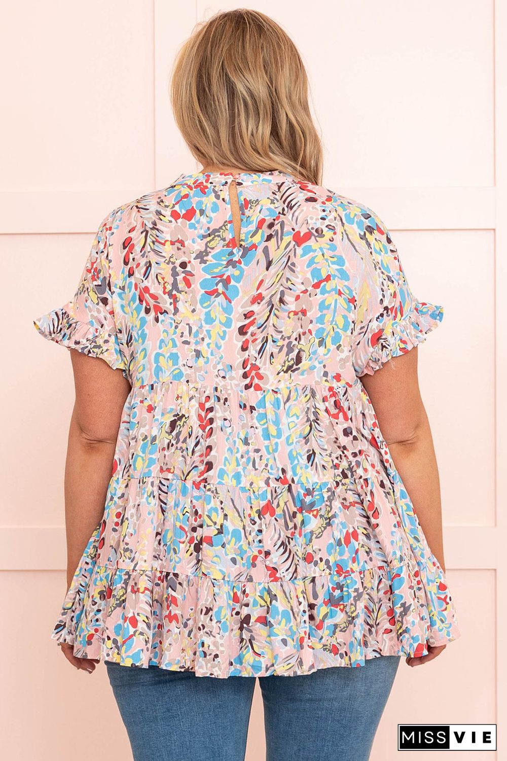 Pink Floral Print Tiered Ruffled Plus Size Blouse