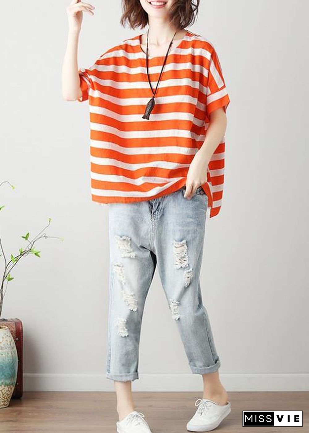 Natural orange striped cotton blouses for women o neck Batwing Sleeve Art top