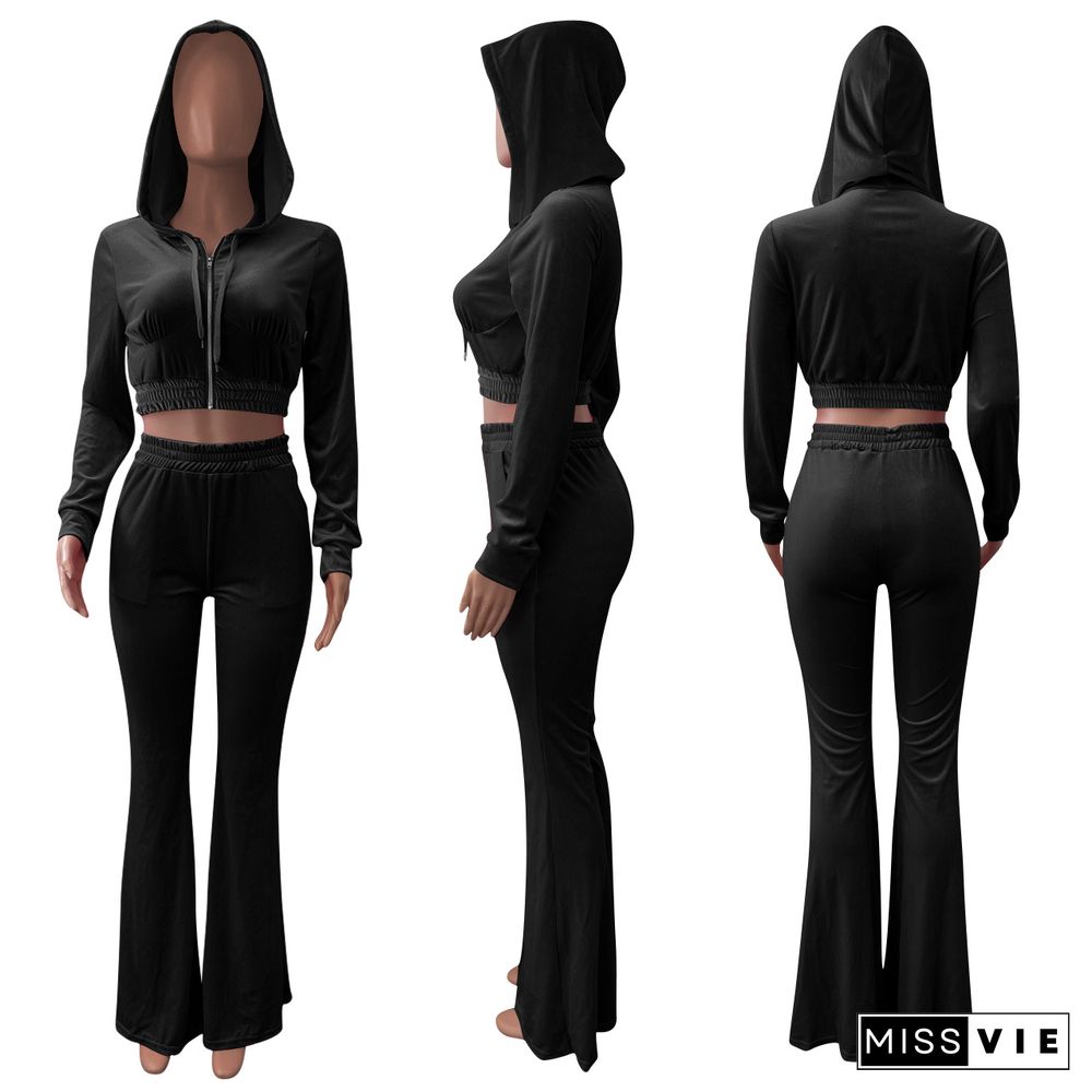 Velvet Solid Zipper Hooded Crop Tops Flare Pants Set