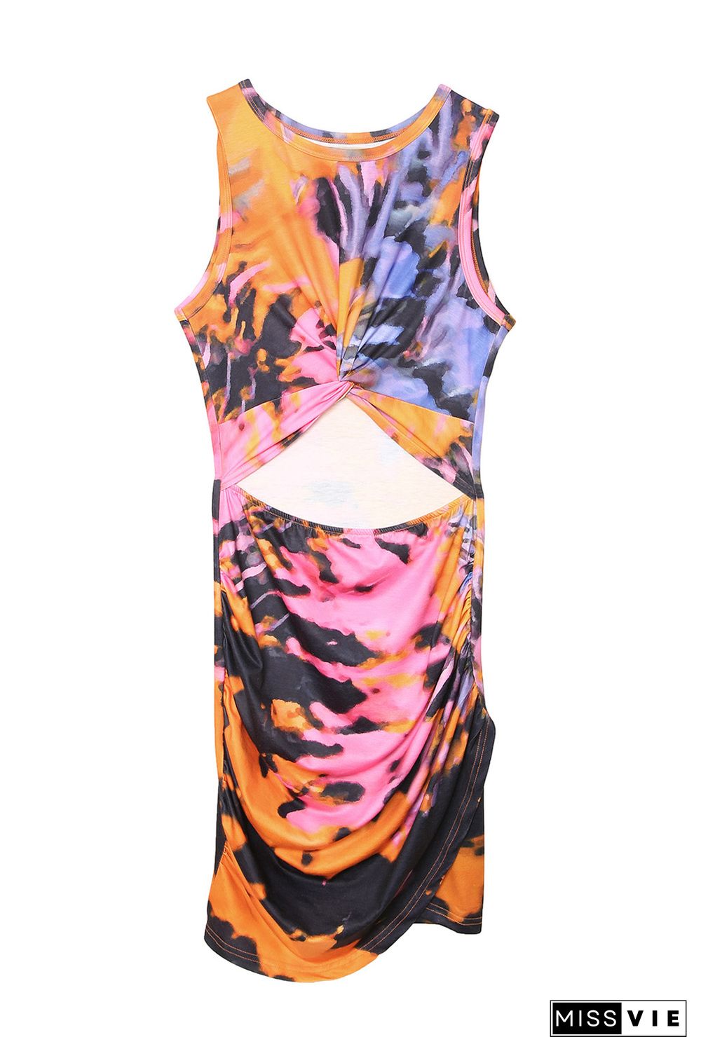 Multicolor Tie-dye Print Hollow Out Twist Bodycon Mini Dress