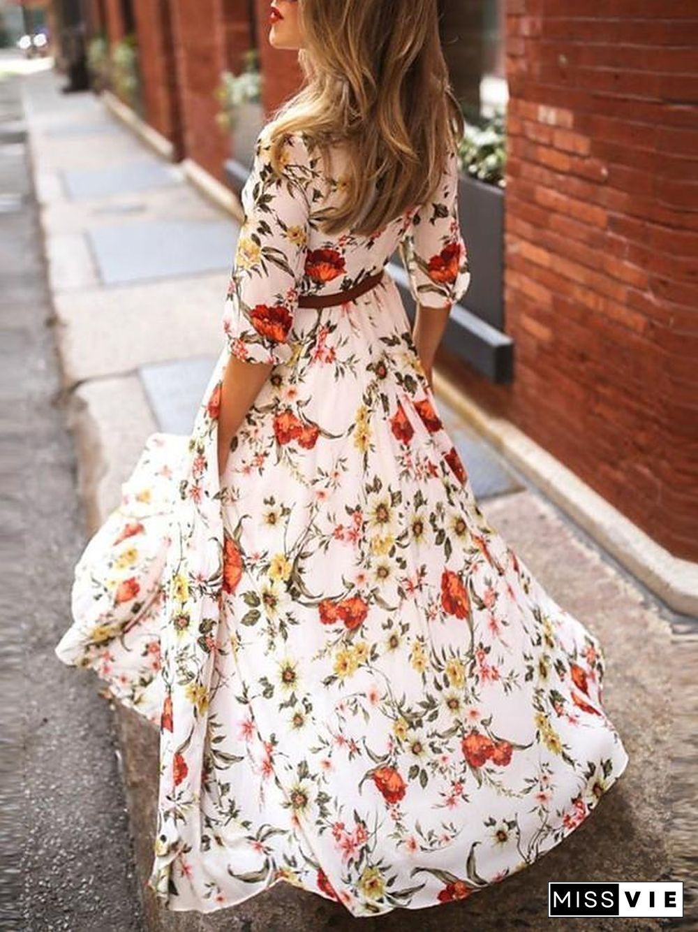 Women's Swing Dress Maxi long Dress - 3/4 Length Sleeve Floral Flower Print Spring Summer Casual Hot Holiday vacation dresses Lantern Sleeve Ruffle White S M L XL XXL