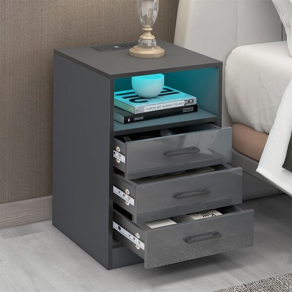 Merax 3-Drawer Nightstand with USB Charging Ports， Wireless Charging， Remote Control LED Light - - 36394235