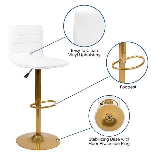 2PK White Vinyl Adjustable Height Barstool w/ Horizontal Stitch Back and Gold Base - as picture